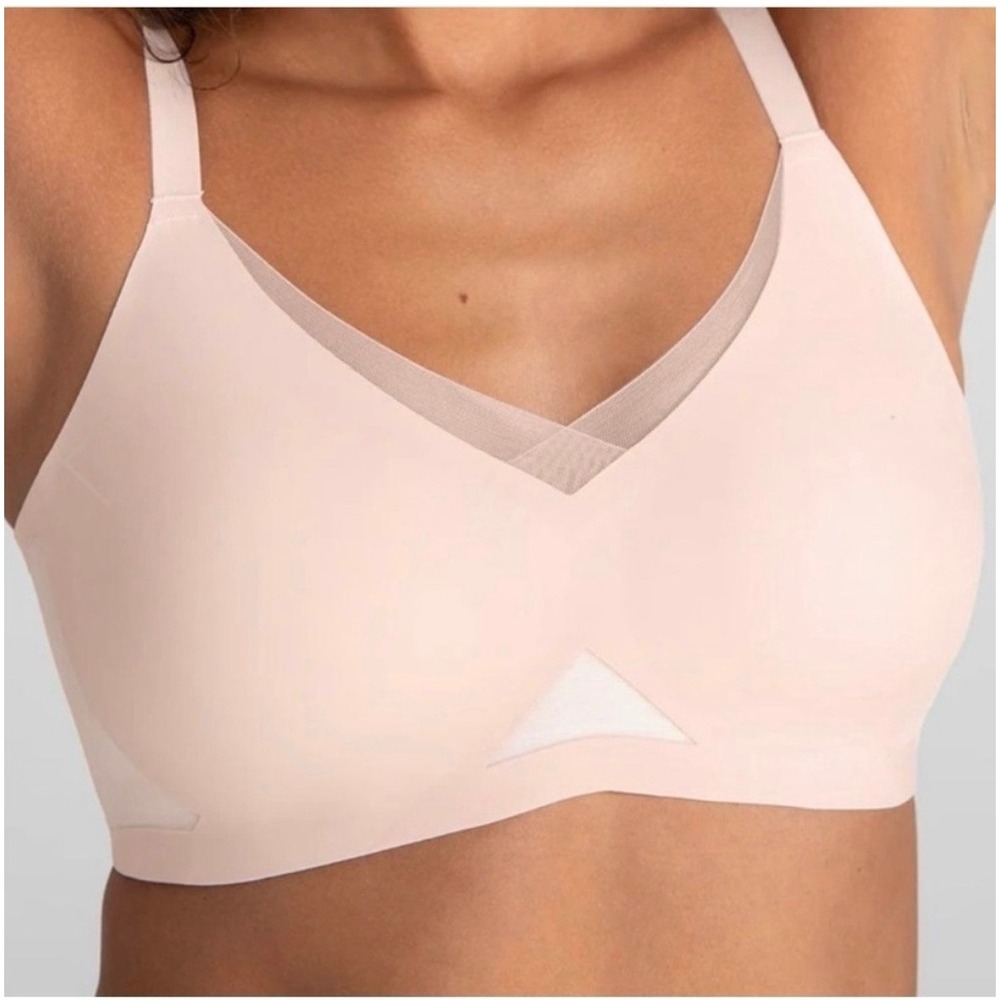Honeylove Crossover Bra Wireless Mesh Accents Pink White Medium